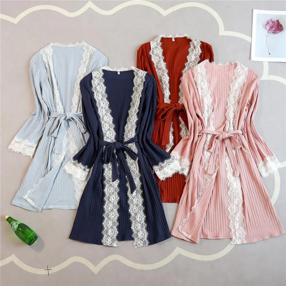 

Sexy Pajama With Breast Pad Woman Autumn/Winter Fashion Long-Sleeved Two-Piece Set Korean Version Lace Suspenders Nightgown