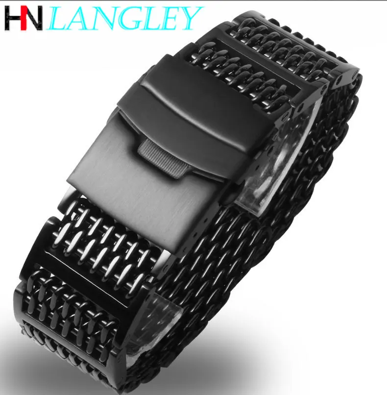 Stylish Stainless Steel Bracelet Straps Shark Mesh H-Link Watch Band Bracelet Metal Mesh Band Double Deployment Clasp 20/22/24mm