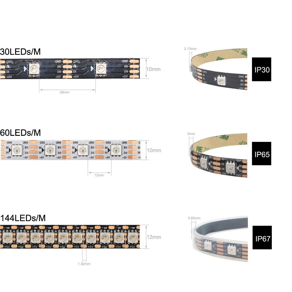 Imagem -02 - Fita de Led Ws2813 Ws2812b de 5m Atualização Rgb Luz de 30 60 144 Pixels Leds m Sinal Duplo Led Endereçáveis Individuais Ws2812 ic Dc5v