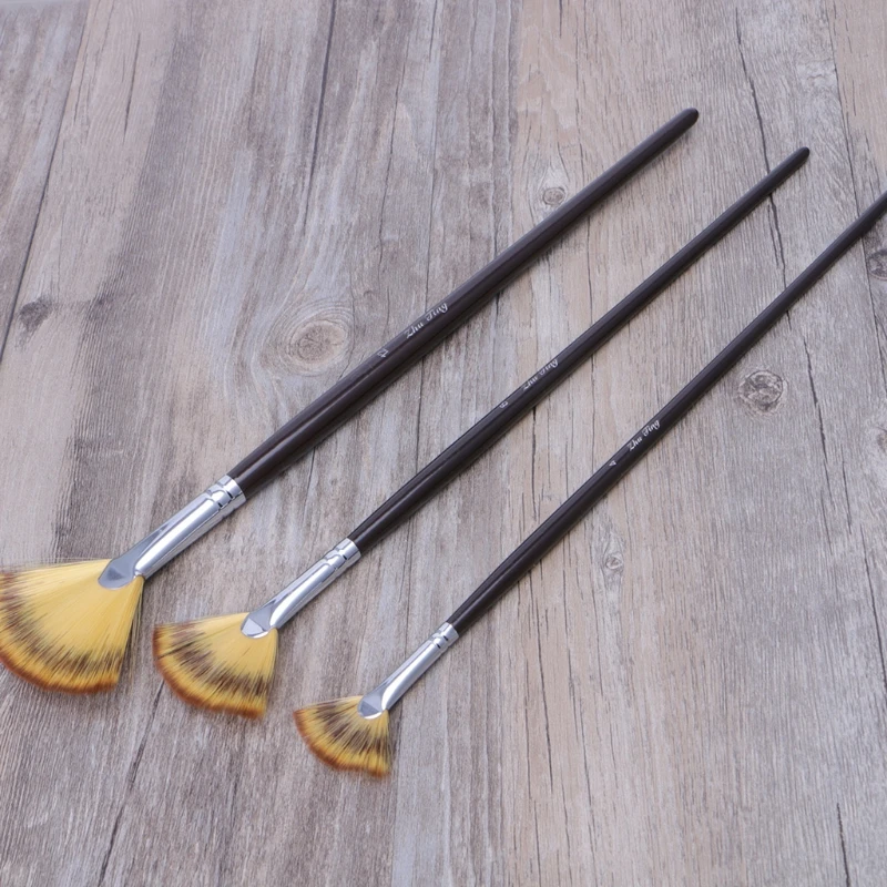 Set 3 Size Fan Brush Pen for Oil Acrylic Water Painting Artist Wooden Handle Q6PA