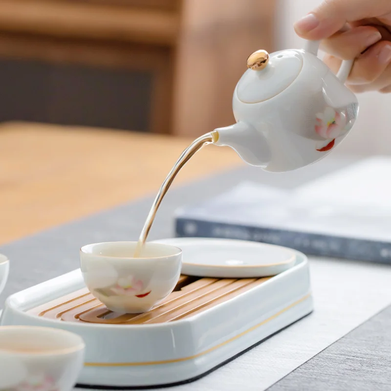 TT Ceramic Tea Set Household Minimalist Kung Fu Tea Set Complete Set Office Reception Dry Pour Tea Tray Gift Box