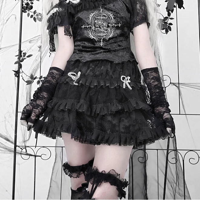 Japanese Lace Mesh Skirt Dark Gothic Cross Tulle Skirt Cake Pantskirt Summer Ball Gown Mini jupe skirt black femme summer 2022