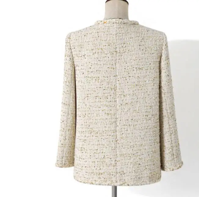 Vintage Kleine Geur Tweed Wollen Blazer Vrouwen Herfst Winter O-hals Losse Lange Colbert