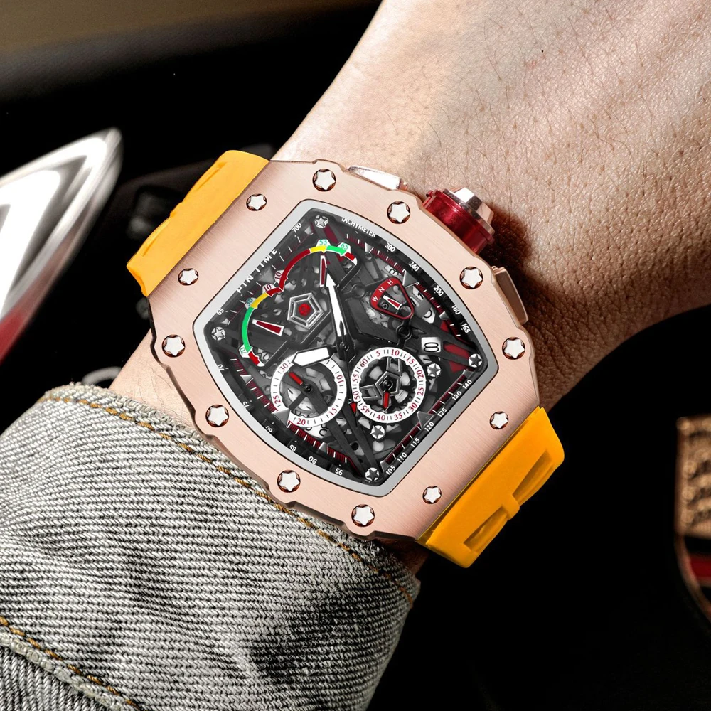 Super Cool Tonneau Quartz Chronograph Men Watches Luxury Top Brand Yellow Rubber Band Male Clock Relogio Masculino Reloj Hombre