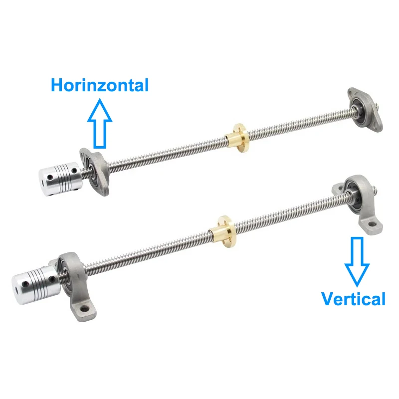 Jogo vertical e horizontal do parafuso com rolamento da porca, T8, parafuso da ligação, peças da impressora 3D, 8mm, 500mm, 400mm, 350mm, 200mm, 100mm, KFL08, KP08