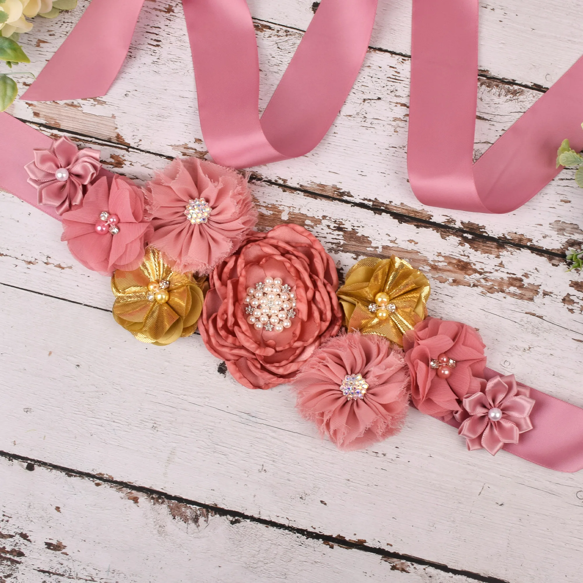 Maternity Sash Dusty Rose/Gold Flower Sash Pregnancy Belly Belt Photo Props Gift Baby Shower Party Wedding Sash Flower Girl Belt