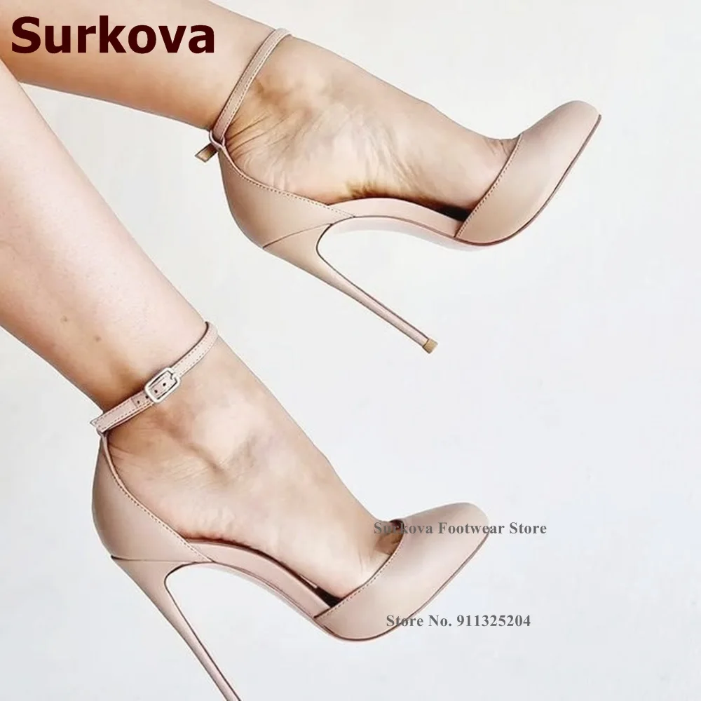 Surkova Nude Patent Leather Thin High Heel Dress Shoes Ankle Buckle Strap Shallow Pumps Gladiator Banquet Footwear Size52