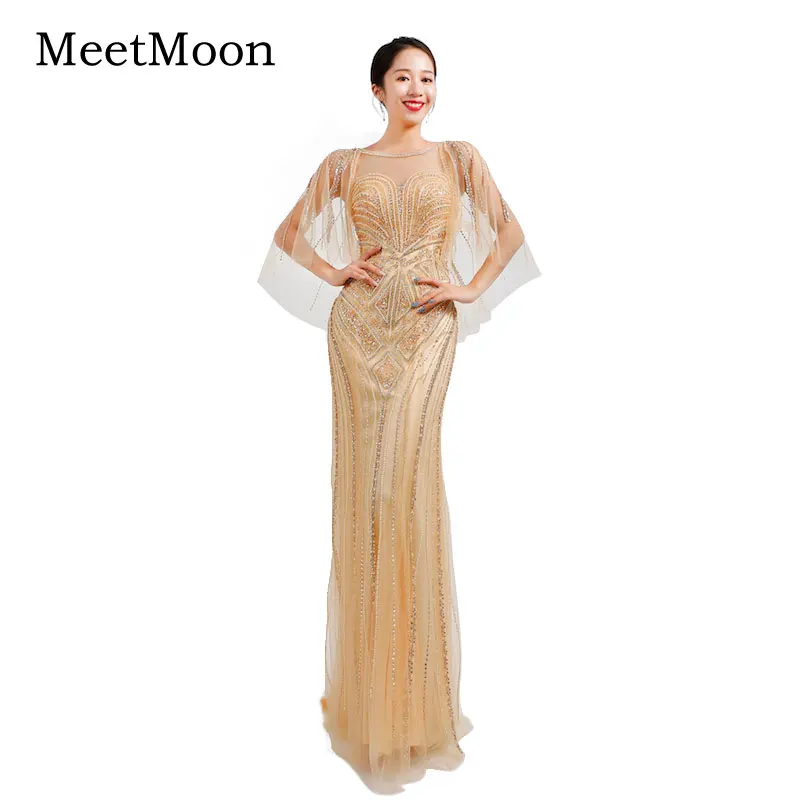 MeetMoon – Robe De soirée De forme sirène, luxueuse tenue De soirée De standing, dorée, perlée, célébrité, spectacle De dubaï, châle