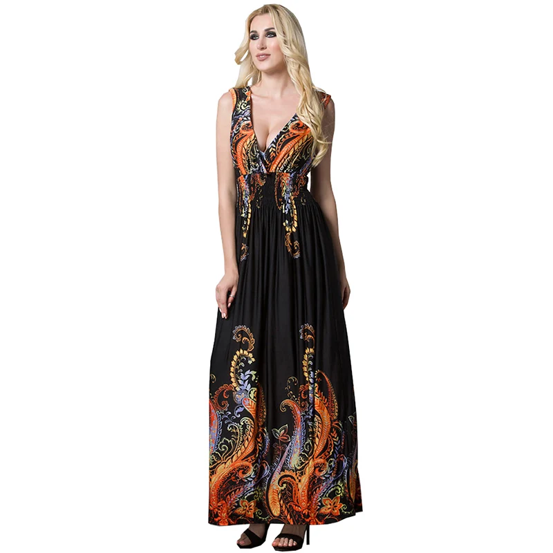 2022 High Quality New Women's Summer Bohemia Dress Fashion Sexy V-neck Sleeveless X-long Beach Dresses Female Printing Dress