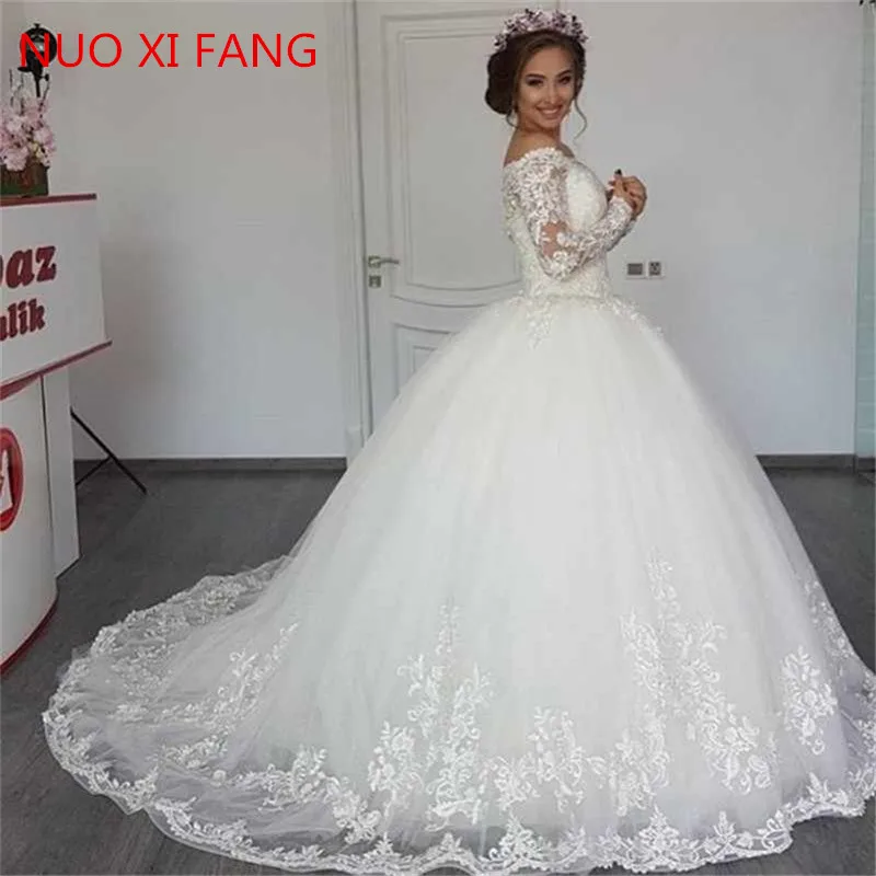 NUOXIFANG vestidos de novia Elegant Off the Shoulder Wedding Dresses Ball Gown Modest Long Sleeve Appliqued Tulle Bride Dress