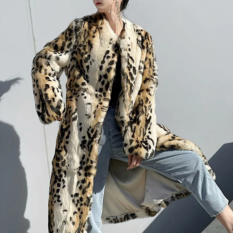2021 Winter Women Real Rex Rabbit Fur Coats  Fashion Long Leopard Overcoat Simple Warm Ladies Outerwear Luxurious Street New