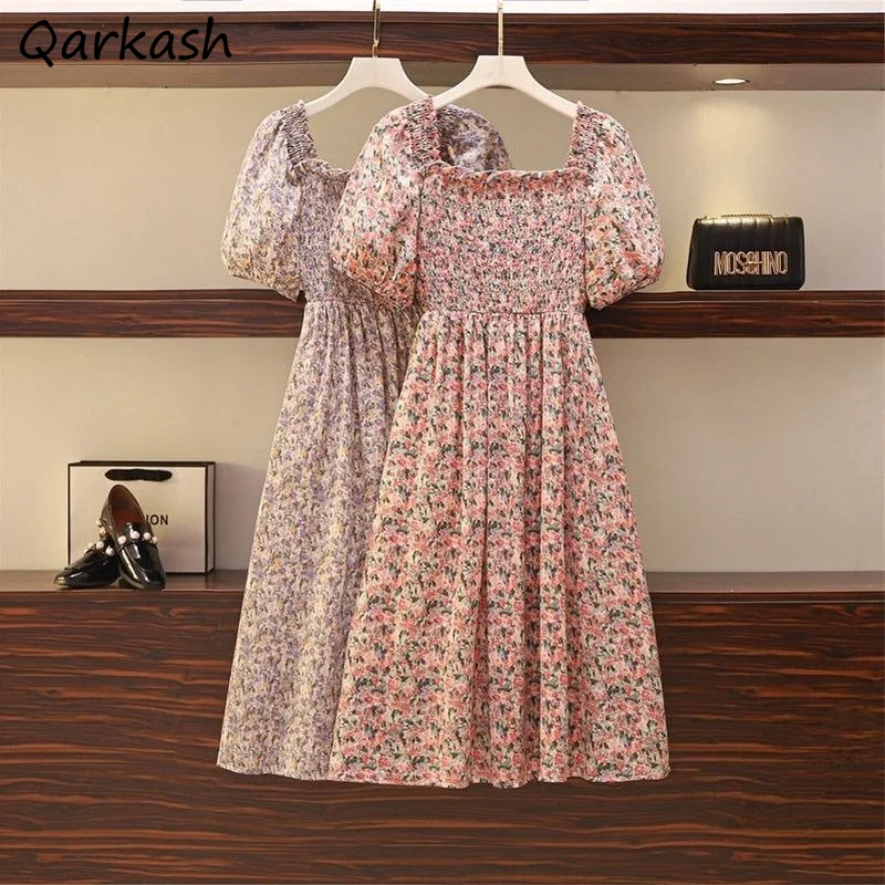 

Dresses Women Tender Female Puff Sleeve Vacation Elegant All-match Party Ulzzang Simple New Folds Summer Floral Prairie Chic Ins