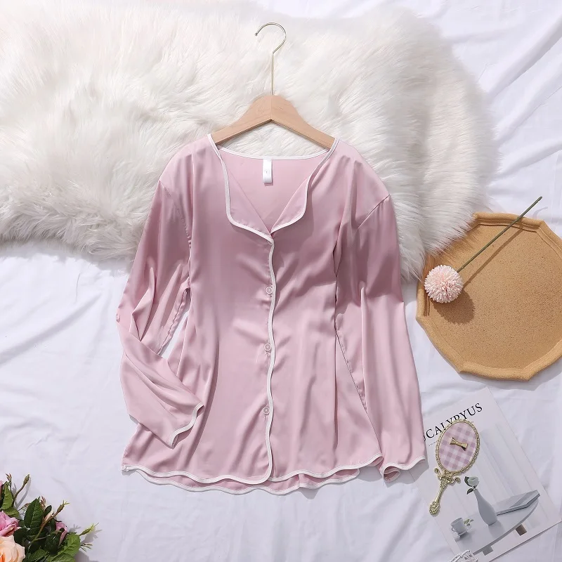 Lisacmvpnel Ice Silk Solid Color Pyjamas Women's Spring And Summer New Long Sleeve Suit Pajama Set