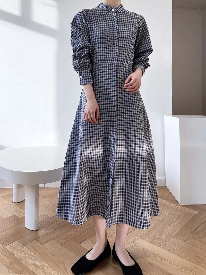 LMQ NEW 2021 Early Spring Women Korean Classic Gentle Plaid Dress Mid-Length Over The Knee French Stand-Up Collar Shirt Dress