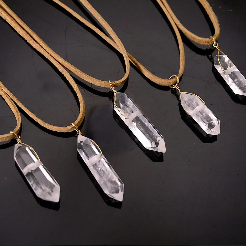 Clear Quartz Crystal Point Unisex Necklace, Double Terminated Stone Natural Leather necklace