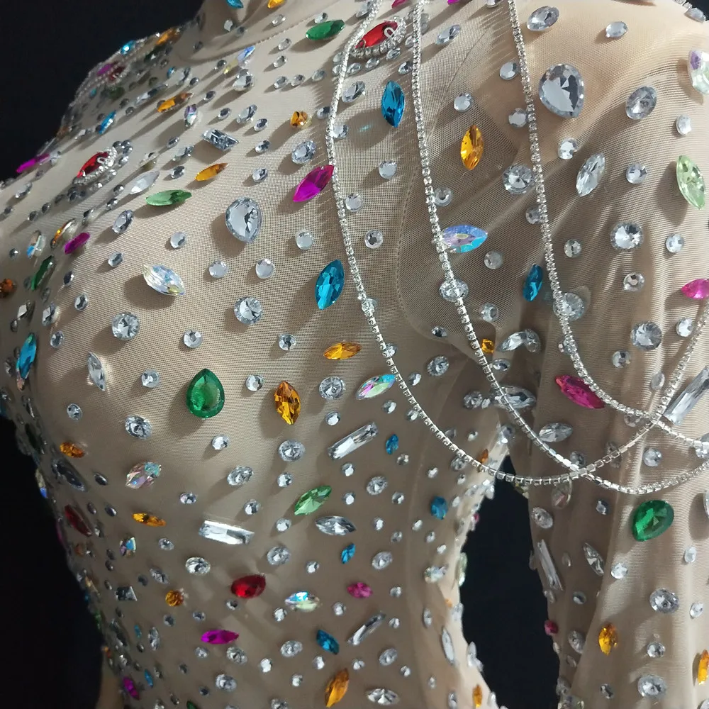Fashion Sexy See Through Mesh Colorful Rhinestones Dress Women Birthday Evening Party Crystals Long Dresses Singer Stage Costume