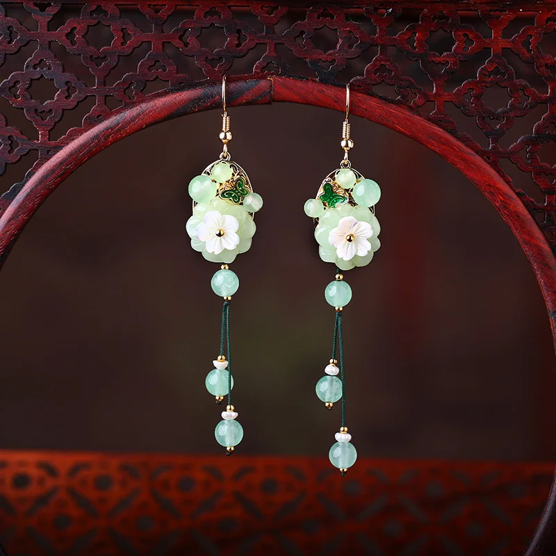 Tassel Long Drop Earrings Women Color jade 925 Silver Eardrop Ear Accessories Chinese style Dangle Vintage Ethnic Ear Clips