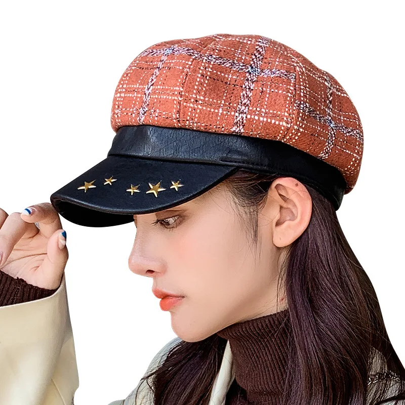 

Fashion Spring Autumn Woman Plaid Sun Hat Lady Peaked Cap Star Leather Octagonal Beret Lovely Girl Outdoor Travel Wear