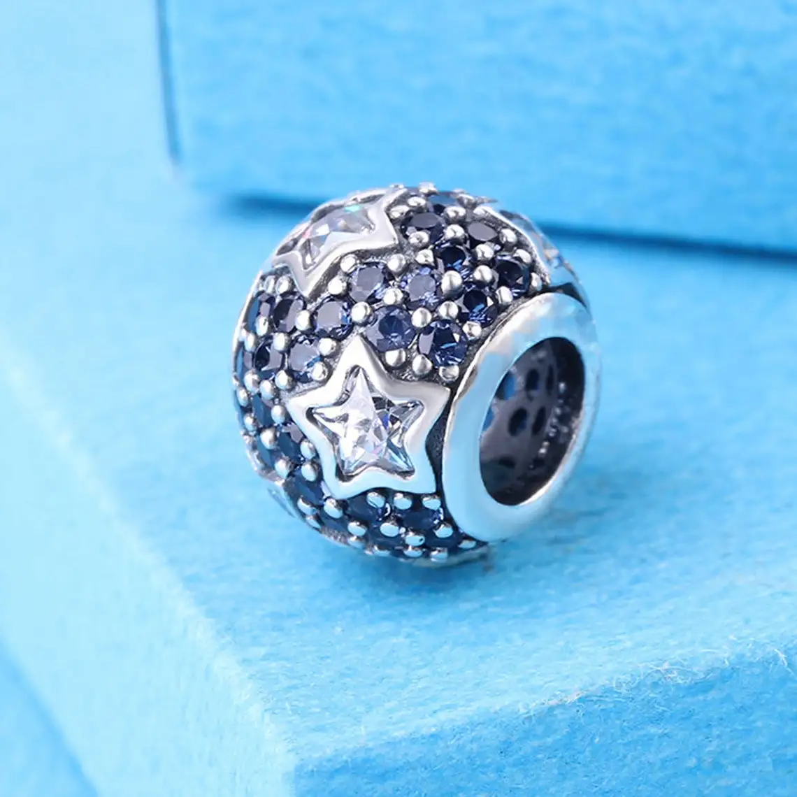 925 Sterling Silver Follow The Stars with Clear and  Midnight Blue Cz Charm Bead Fits All European Pandora Bracelets Necklaces