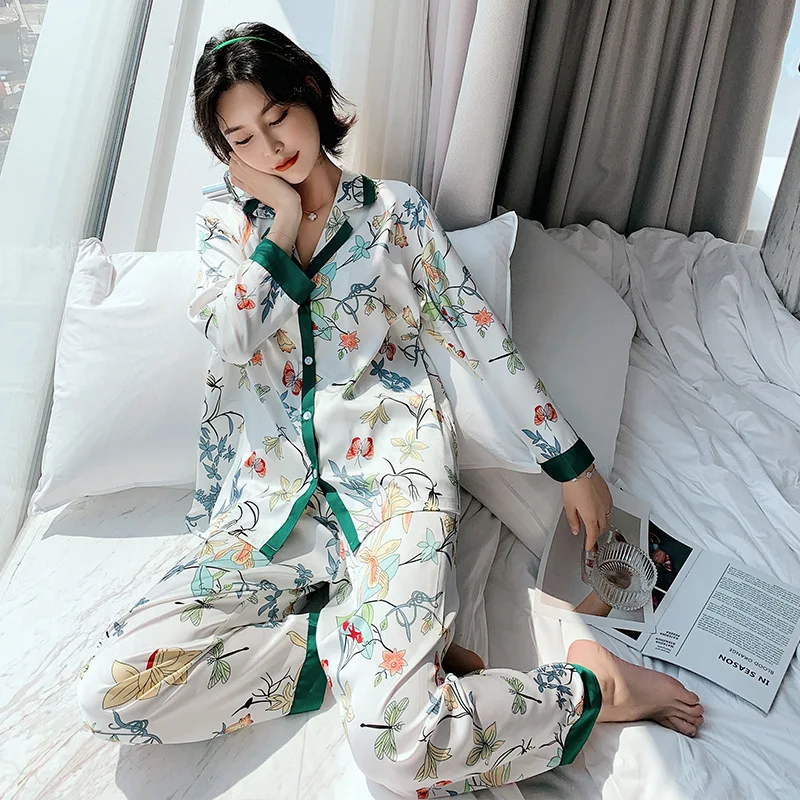 Green Print Floral Female Sleep Set 2PCS Shirt&Pant Long Sleeve Pajamas Set Satin 2PCS Sleepwear Nightwear Lady Casual Home Wear