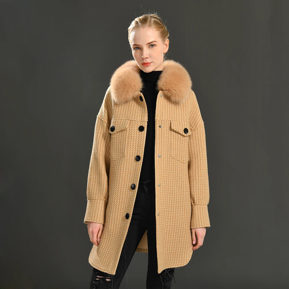 Jxwatcher Women Tweed Wool Coat Real Fur Collar Fall Winter Lady Elegant Casual Loose Long Woolen Coats Turn-Down Collar Jacket