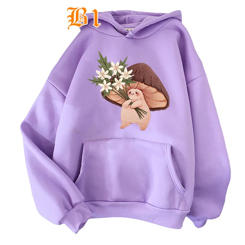 Kawaii Cute Mushroom Print Autumn Hoodies Women Graphic Sweatshirt Women White Oversized Pullovers Streetwear Fall Lady Clothes