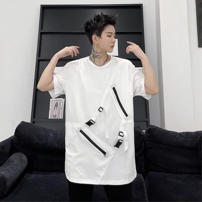 

Dark dark summer dress with individual zipper pocket design Korean edition men's loose short-sleeved t-shirt hairdresser fashion