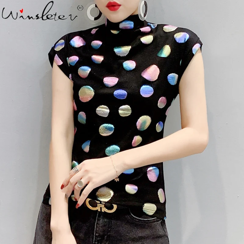 

New Cotton Women T-shirts Casual Dolka Dot Printed Tops Tee Summer Female Short Sleeve Stretchy T shirt Womens Clothing T03709B