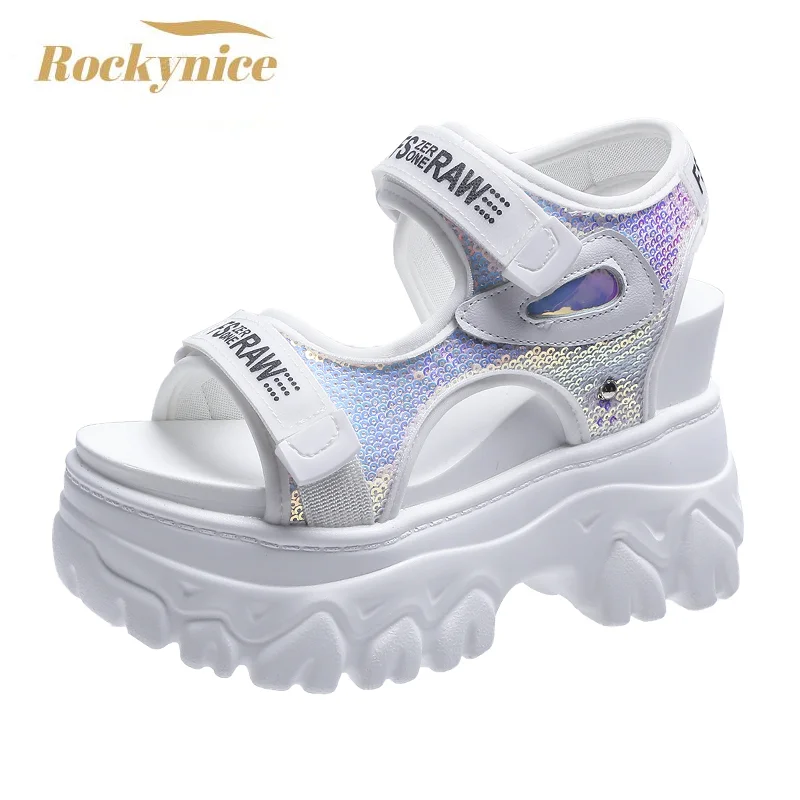 Women Chunky Sandals New Casual High Platform Slippers Wedge Sandalias Bling Outdoor Comfortable Sports Shoes Mujer Trainers 9cm