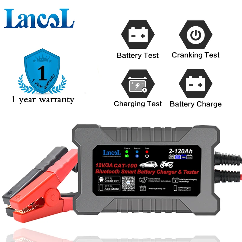 Lancol CAT100 12V 3A Fully Automatic Bluetooth Smart Battery Charger and Tester Maintainer 2 In 1 8 Stages Battery Charger