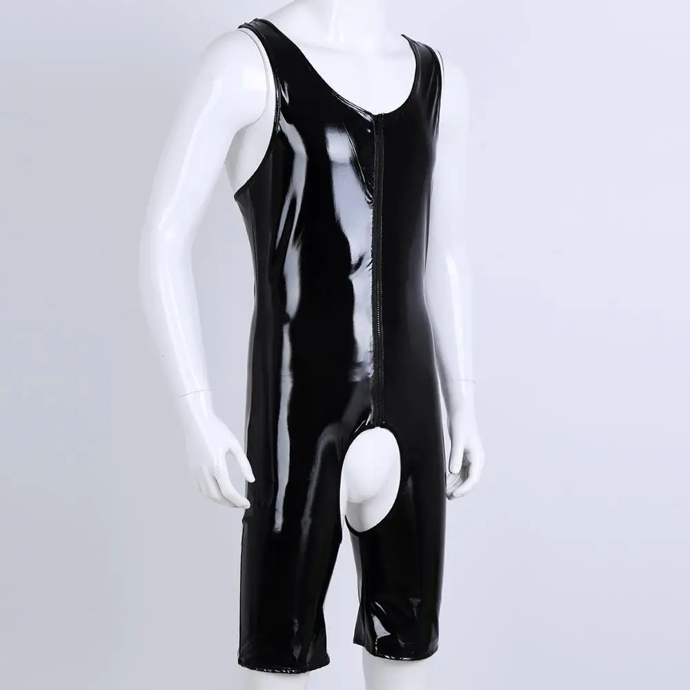 Mens Sissy Latex Open Crotch Catsuit Wetlook PVC Leather One-Piece Teddy Lingerie Erotic Zipper Crotchless Leotard Gay Clubwear