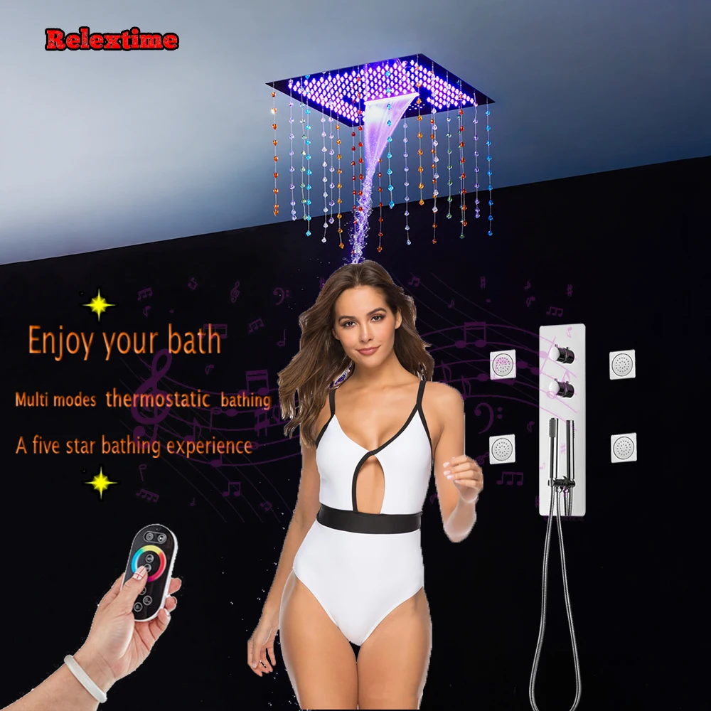 Crystal Quartz Bluetooth Connection Shower Head Bathroom Shower Set Thermostatic Faucet Mixer Shower Speaker System Massage Jets