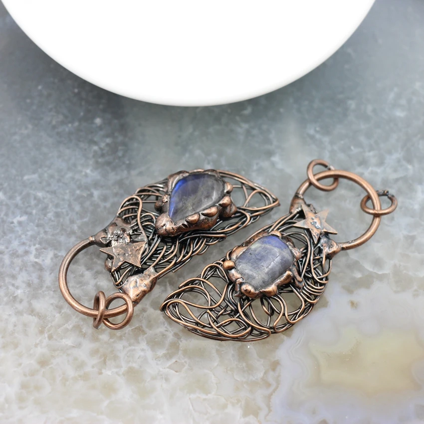Natural Labradorite Half Moon Birds Nest Antique Brass Style Pendant,Healing Reiki Energy Stone Necklace DIY Charms Jewelry