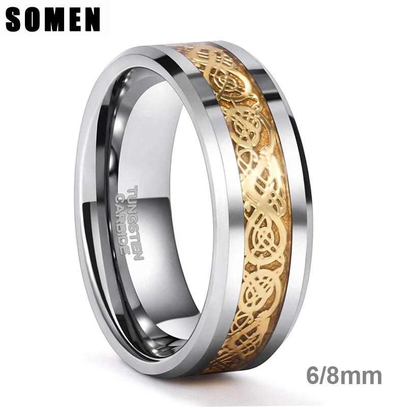 Somen Ring Men Real Tungsten Ring 6mm/8mm Gold Celtic Dragon Polished Engagement Rings Wedding Band Fashion Party Men Jewelry