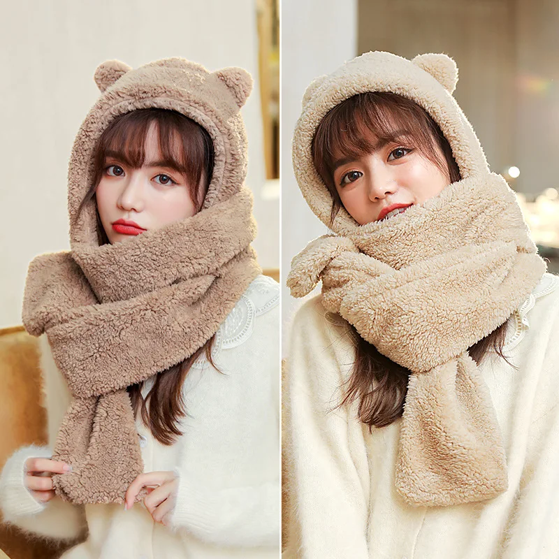 

WeMe Winter Novelty Scarf Warm Cute Bear Ear Hat Casual Plush Hat Scarf Set with Solid Fleece for Women and Men