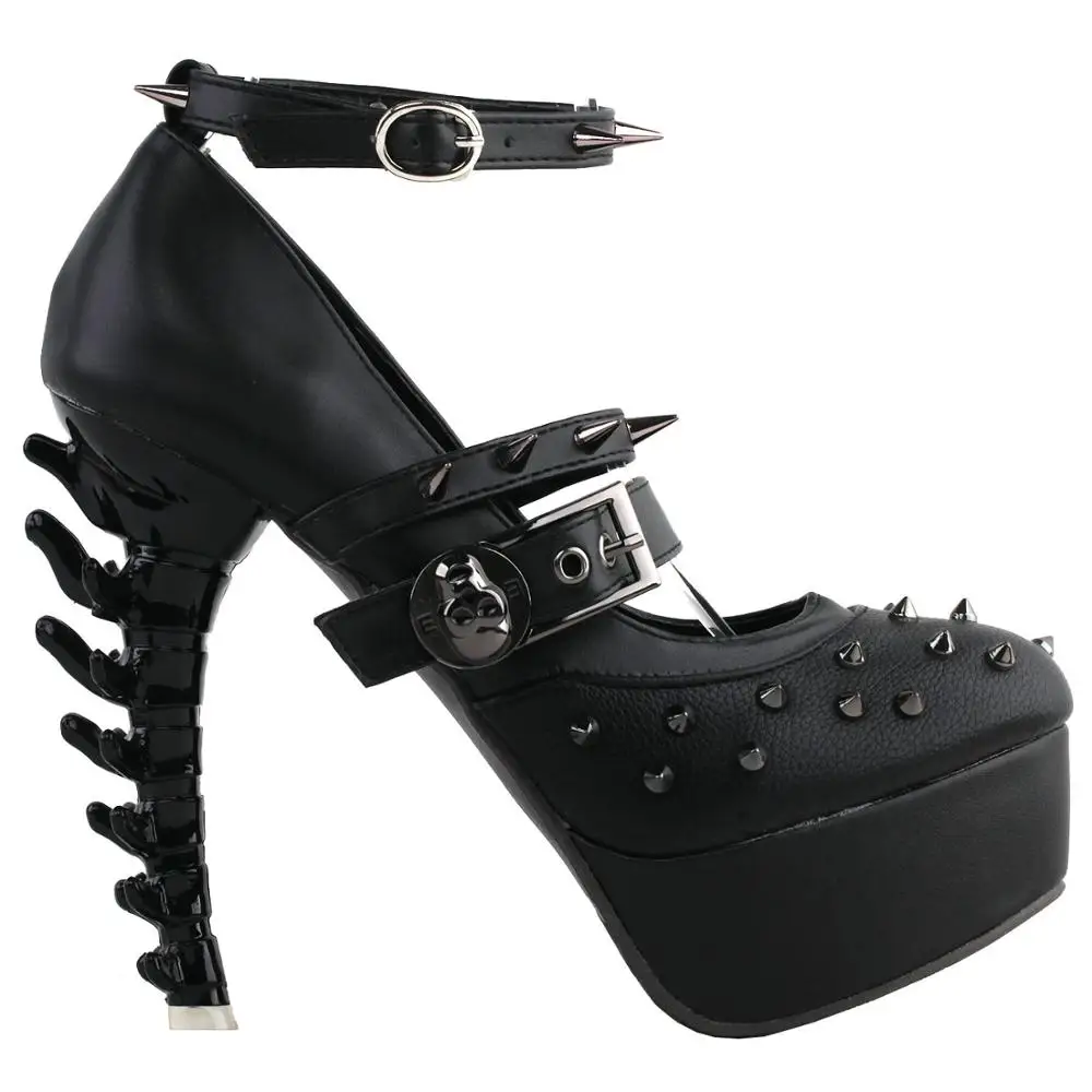 

LF80698 SHOW STORY Punk Black Spike Strappy Buckle Mary-Jane Gladiator Platform Bone Heels Pumps