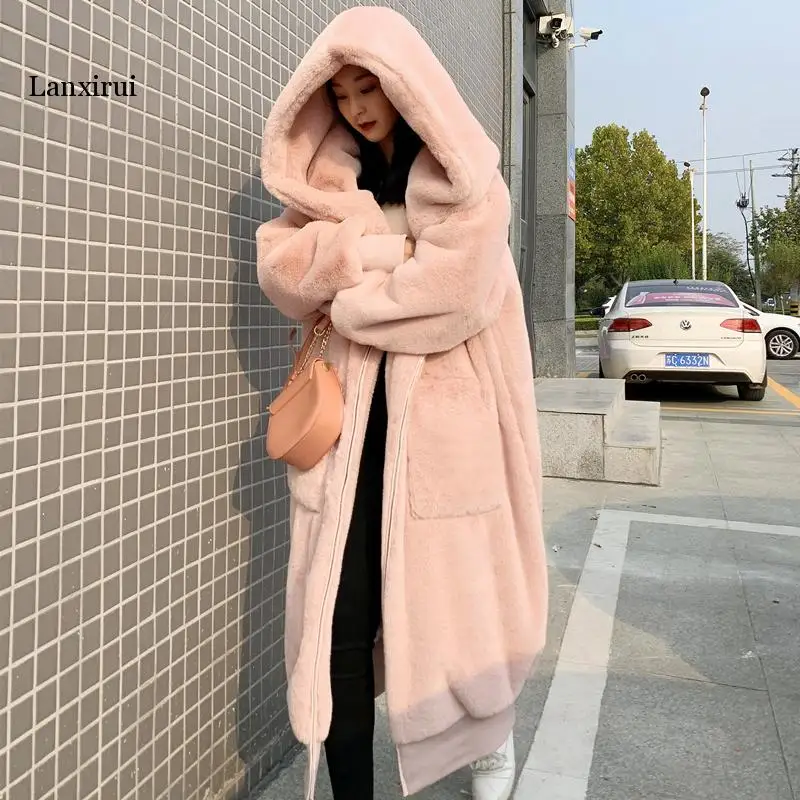 High Quality Hoodies Long Pink Faux Fur Coat Oversized Thicken Elegant Rabbit Fur Women Winter Coat  Female Plush Coats