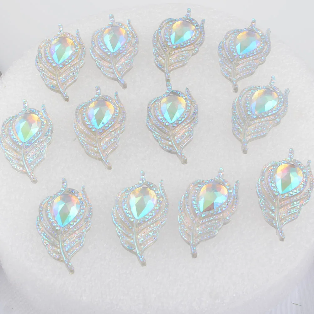 BOLIAO DIY 10Pcs 20*38mm( 0.79*1.5in ) AB Color Peacock Leaf Resin Shining White Rhinestone Flatback No Hole Home Decor Crafts