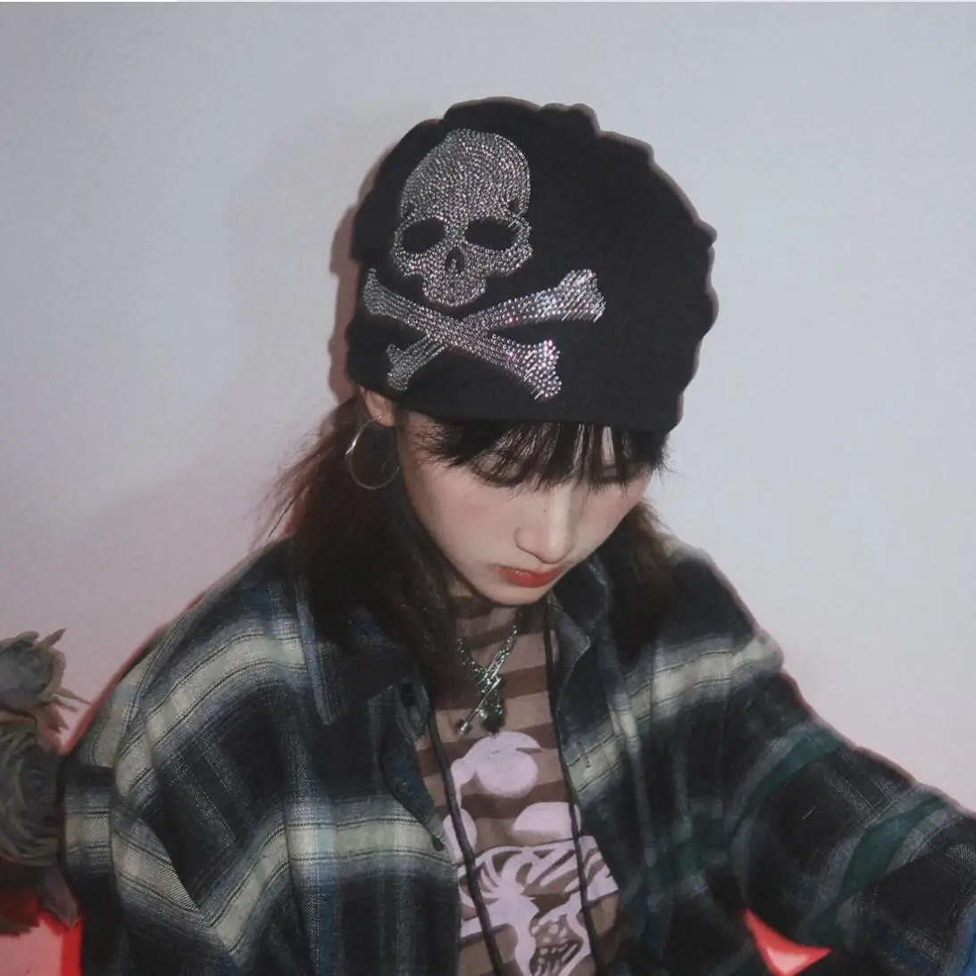 Harajuku Punk Gothic czarny biały szary czapka typu Skull Beanie czapki Y2K kobiety dziewczęta Streetwear czapki Hip-Hop