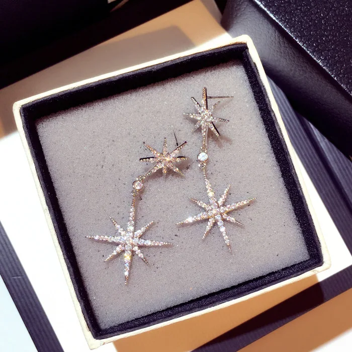 New Korean Fashion Silver Color Stars Drop Earring Exquisite Women Jewelry Super Flashing Rhinestones Snowflake Earrings