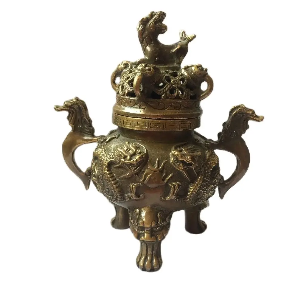 

Chinese collection of ancient bronze brass home desk decoration dragon tiger incense burner metal crafts