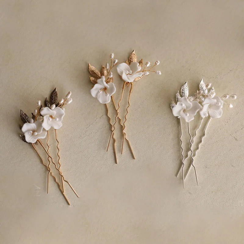 Épingles à cheveux de mariage en céramique, épingle à cheveux, fleur, tête de mariée, couleur or argent, bijoux en feuille, perles pour femmes