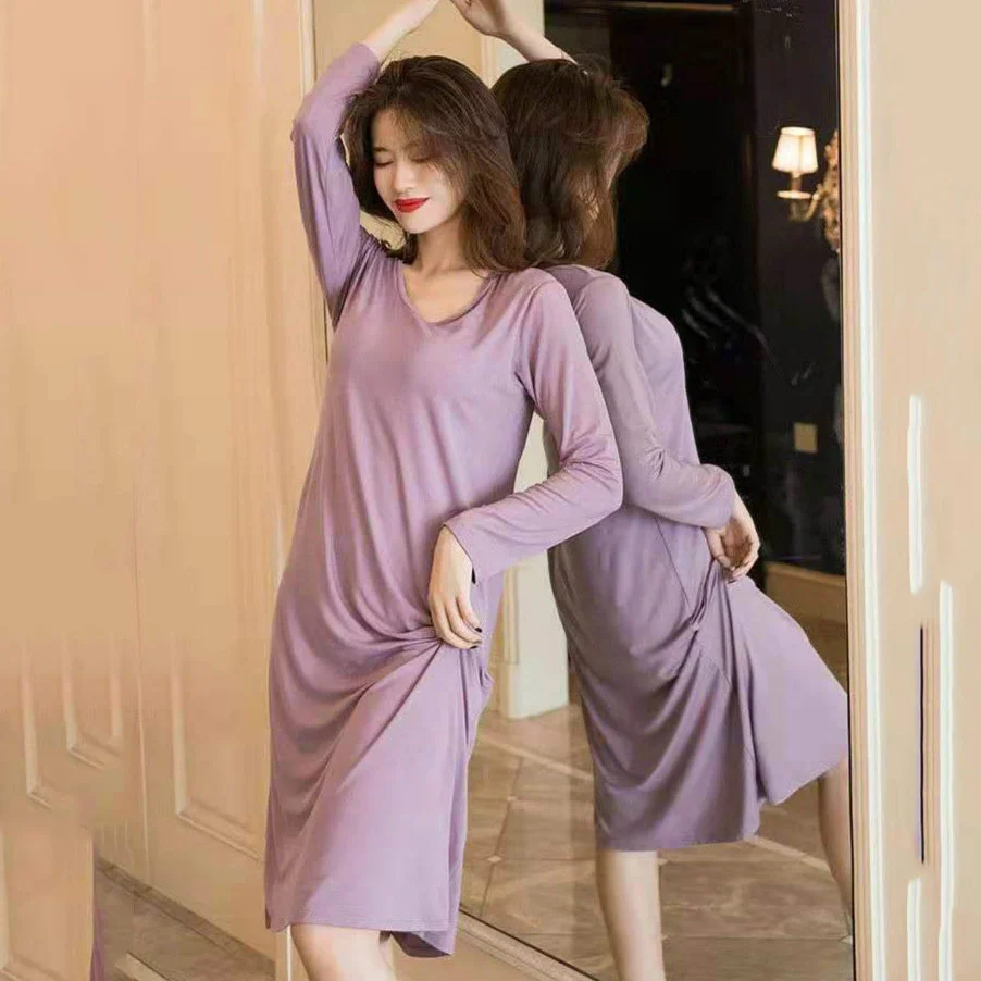 Women Autumn Long Sleeve Solid Nightgown O-neck Over Knees Sweet Nighties Padded Elegant Comfort Lounge Wear Casual Sleepshirts image 2