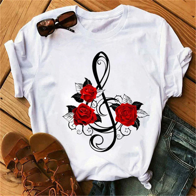 New Harajuku Women\'s T-shirt Fashion Creative Reose Musical Note Printed T Shirt Casual Shirt Short-sleeved Female Tshirt