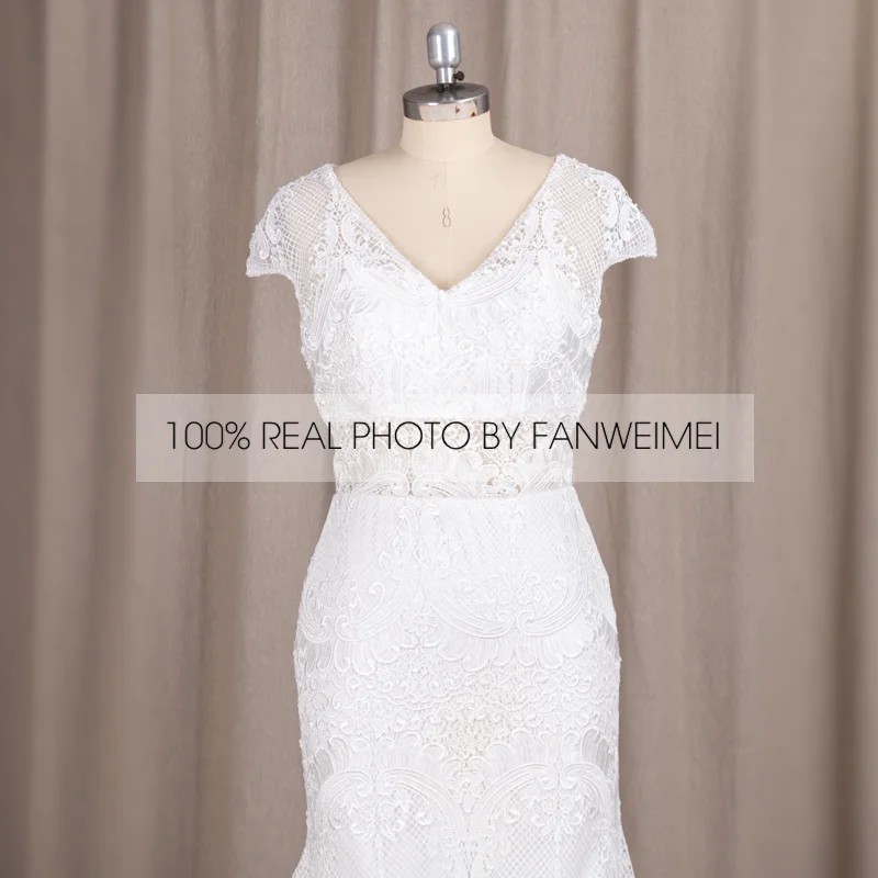 #9221REAL รูปภาพโดย FANWEIMEI คอแขนยาว Backless Lace ชุดเจ้าสาว Gowns กับรถไฟขนาดเล็ก