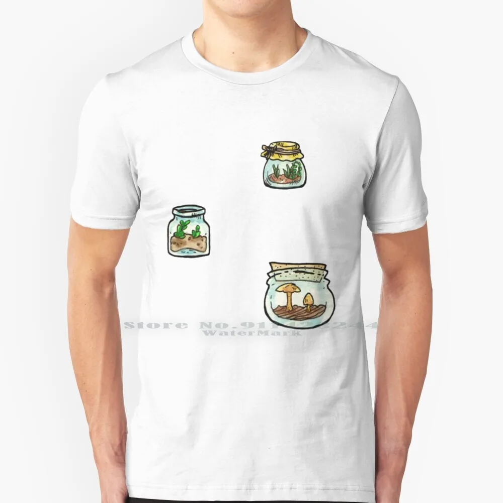 Tiny Terrariums 100% Cotton T Shirt Watercolors Mushrooms Terrariums Cute Plants In Jars Mason Jar Kawaii Tiny Small Spring