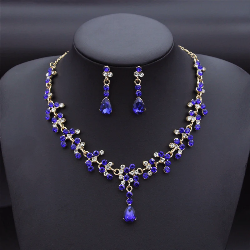 Crystal Bridal Wedding Jewelry Sets Women Gold Color Rhinestone Necklace Long Earrings Set Dress Accessories Bridesmaid