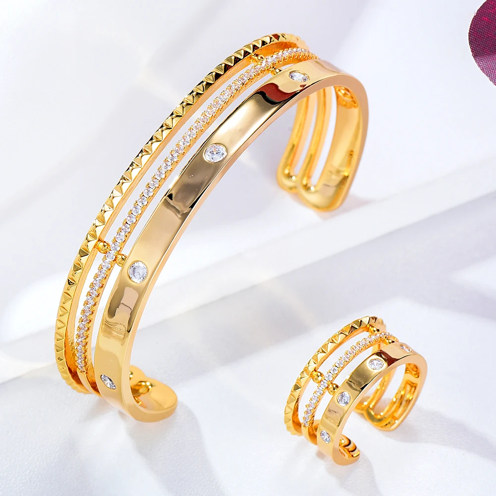 GODKI Luxury Trendy 3 Rows Saudi Arabia Bangle Ring Set Jewelry Sets For Women Wedding Engagement brincos para as mulheres 2020