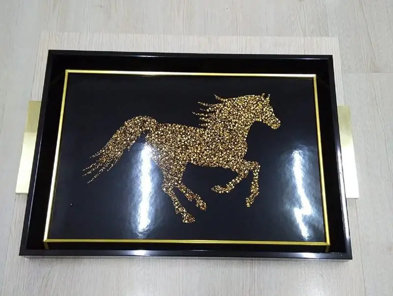 DOLBOVI Zücev 44x31 Rectangle Horse Pattern Black-Gold Wood tray SA18 tray поднос plateau de service