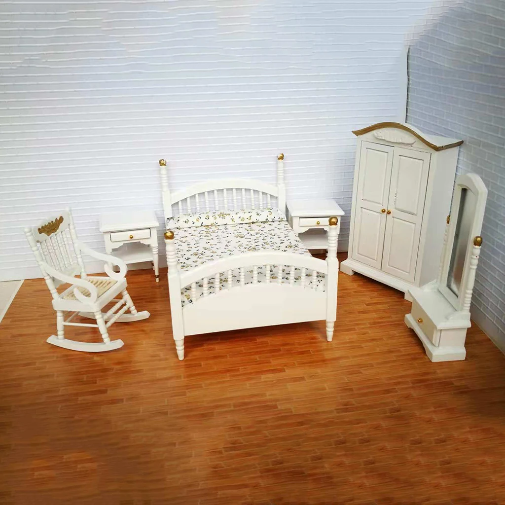 1/12 Dollhouse Miniature เฟอร์นิเจอร์ห้องนอนเตียงตู้เสื้อผ้าข้างเตียงโต๊ะเก้าอี้